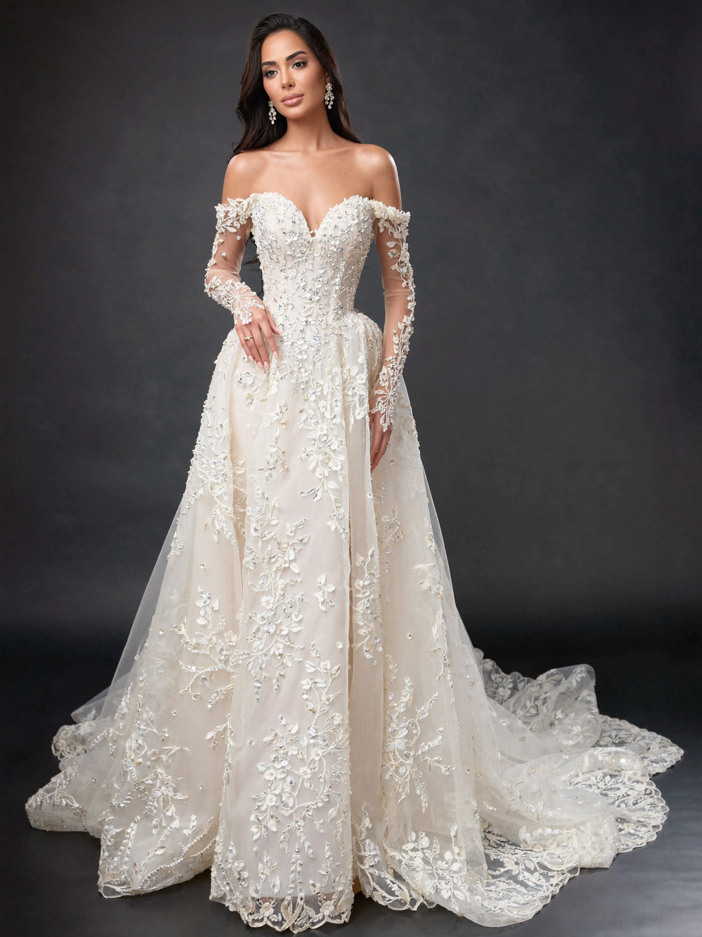 Ivory Off-Shoulder A-Line Wedding Gown – Sweetheart Corset Bridal Dress with Floral Lace, Crystals & Long Sleeves