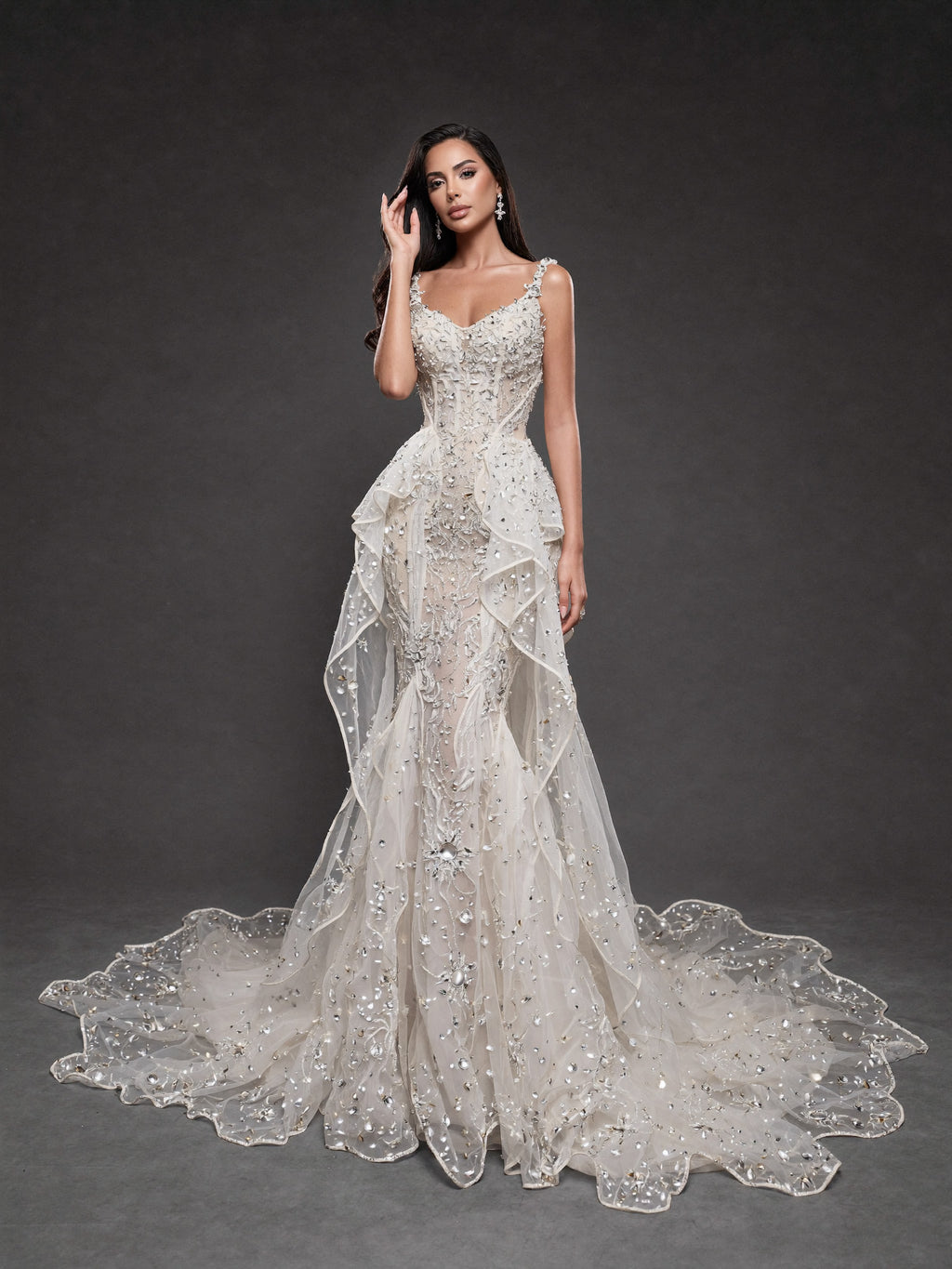 Ivory Crystal Embellished Mermaid Wedding Gown – Corset Bridal Dress with Ruffled Tulle Overskirt & Train