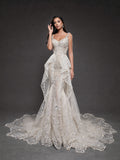 Ivory Crystal Embellished Mermaid Wedding Gown – Corset Bridal Dress with Ruffled Tulle Overskirt & Train