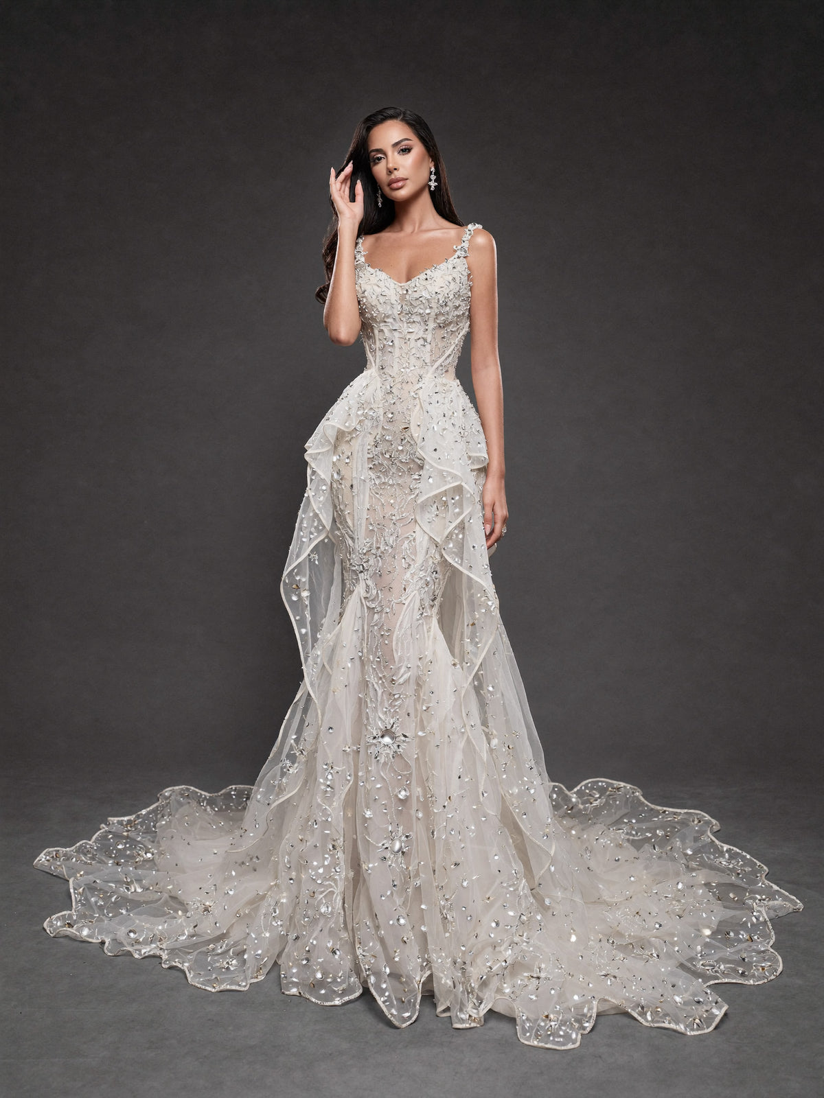 Ivory Crystal Embellished Mermaid Wedding Gown – Corset Bridal Dress with Ruffled Tulle Overskirt & Train
