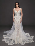 Ivory Crystal Embellished Corset Wedding Gown – Fitted Bridal Dress with Draped Tulle Cape & Train