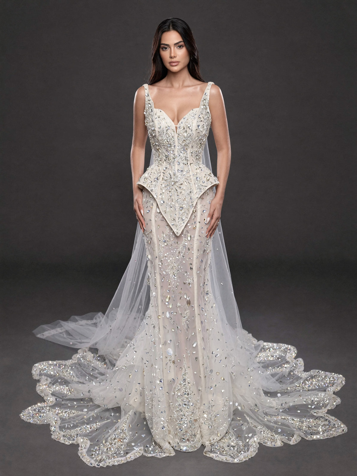 Ivory Crystal Embellished Corset Wedding Gown – Fitted Bridal Dress with Draped Tulle Cape & Train