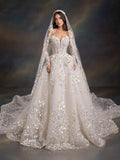 Ivory 3D Floral Embellished Ball Gown Wedding Dress & Cathedral Veil  – Corset Bridal Gown with Long Sleeves & Cathedral Veil