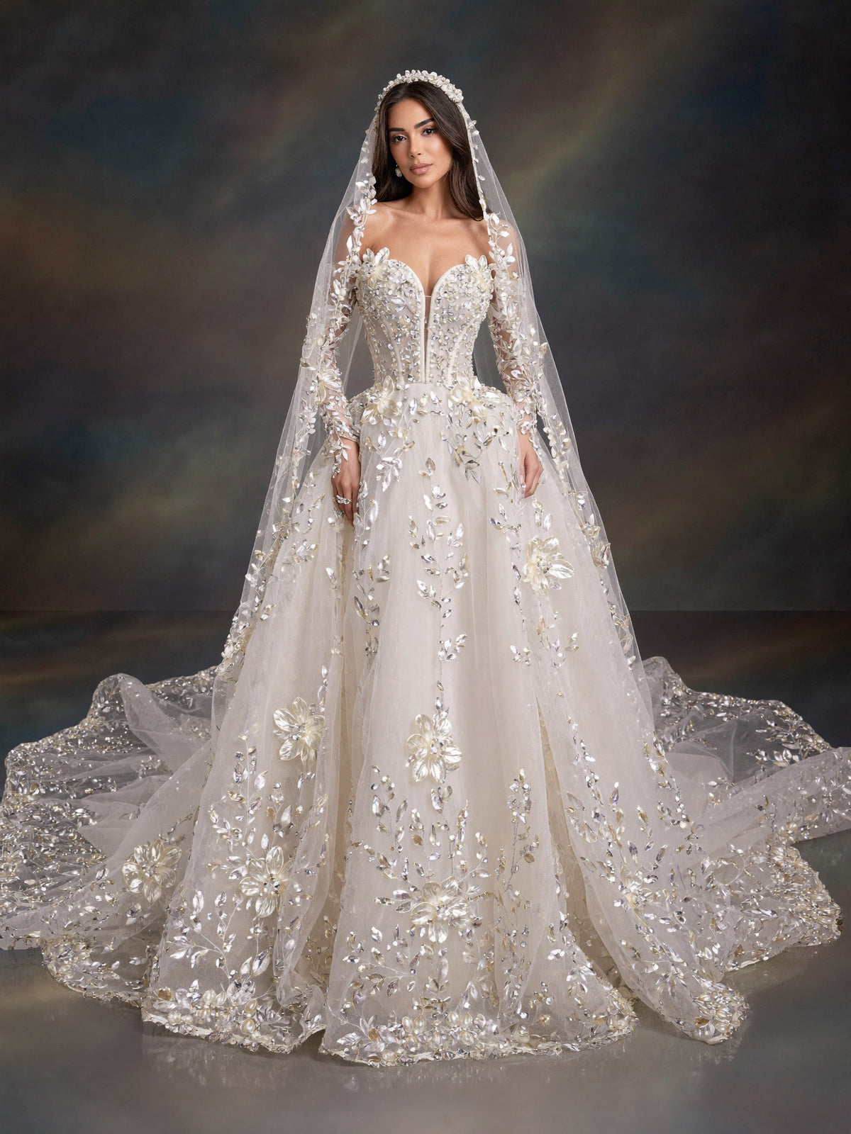 Ivory 3D Floral Embellished Ball Gown Wedding Dress & Cathedral Veil  – Corset Bridal Gown with Long Sleeves & Cathedral Veil