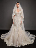Ivory Crystal Embellished Mermaid Wedding Dress & Embroidered Cathedral Veil – Corset Bridal Gown with Plunging Neckline & Embroidered Cathedral Veil