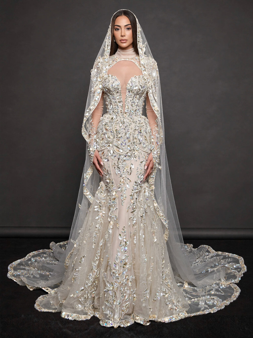 Ivory Crystal Embellished Mermaid Bridal Gown & Cathedral Veil – Plunging Corset Wedding Dress with Long Sleeves & Cathedral Veil
