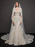 Ivory Crystal Embellished Mermaid Bridal Gown & Cathedral Veil – Plunging Corset Wedding Dress with Long Sleeves & Cathedral Veil