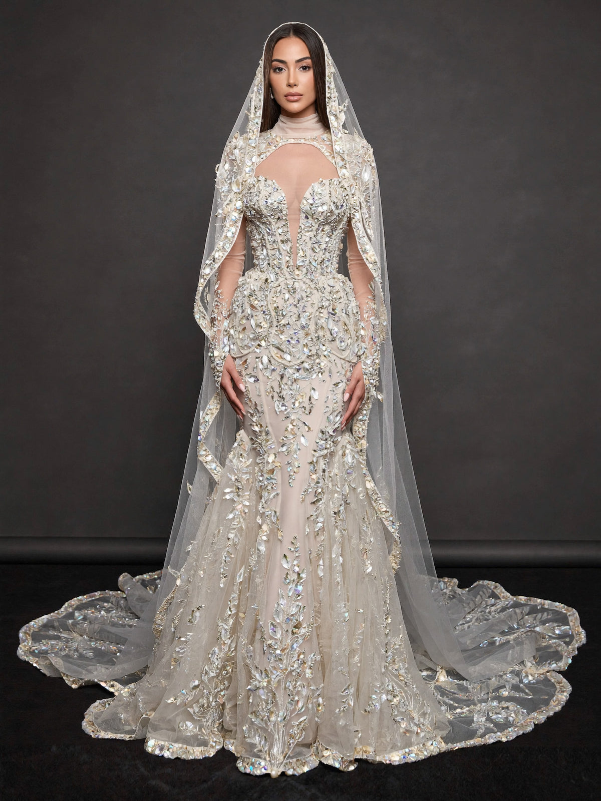 Ivory Crystal Embellished Mermaid Bridal Gown & Cathedral Veil – Plunging Corset Wedding Dress with Long Sleeves & Cathedral Veil