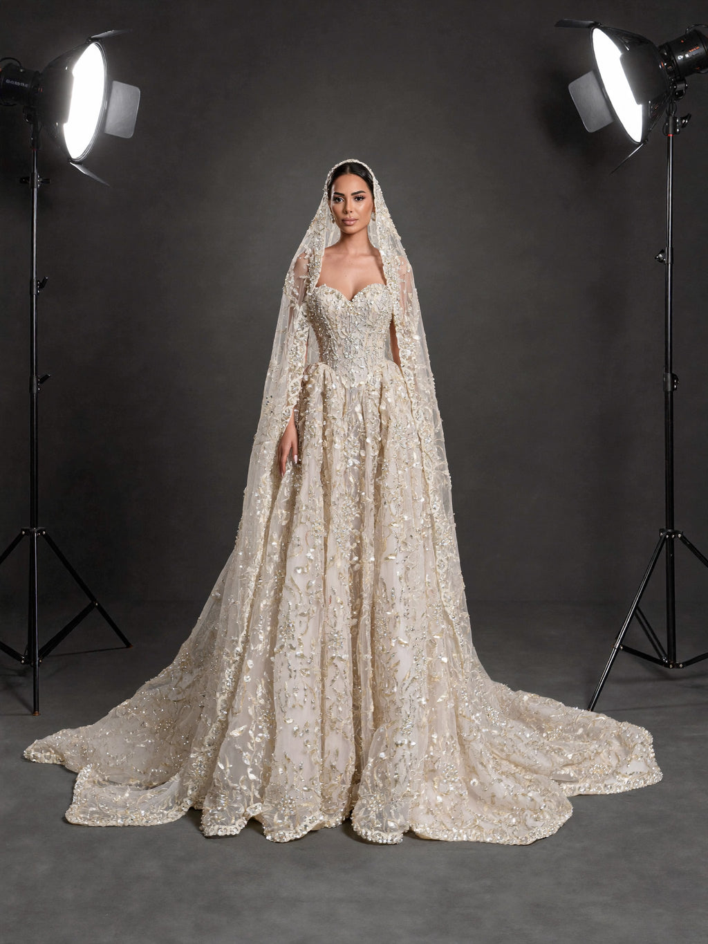 Champagne Ivory 3D Floral Embellished Ball Gown Wedding Dress – Corset Bridal Gown with Cathedral Train & Veil