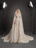 Champagne Ivory 3D Floral Embellished Ball Gown Wedding Dress – Corset Bridal Gown with Cathedral Train & Veil