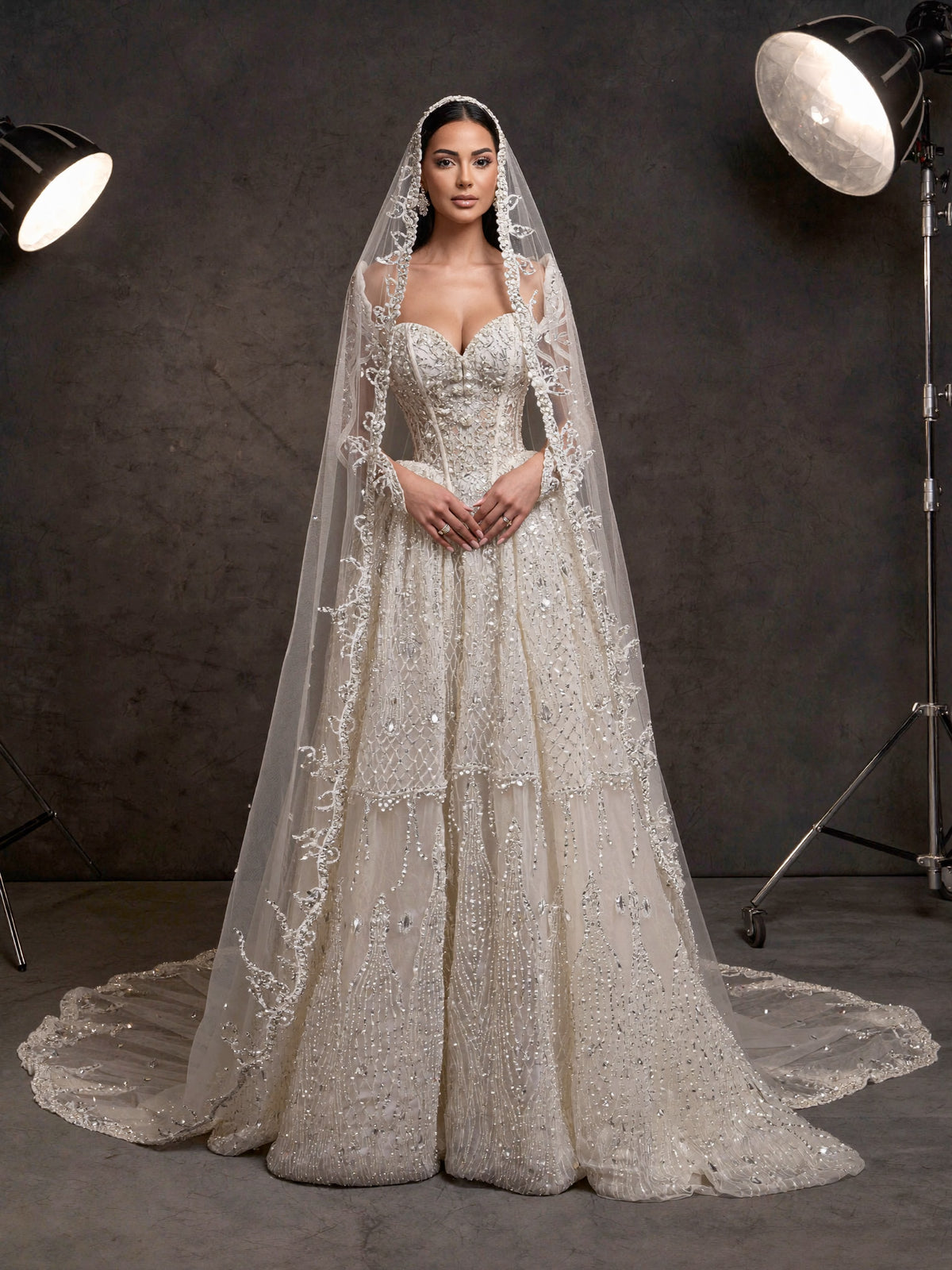 Ivory Crystal Beaded Corset Ball Gown Wedding Dress – Sweetheart Bridal Gown with Detachable Sleeves, Cathedral Veil & Train