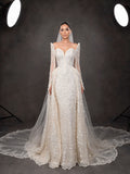 Ivory Crystal Embellished Long Sleeve Wedding Gown – Sweetheart Corset Bridal Dress with Cathedral Veil & Train