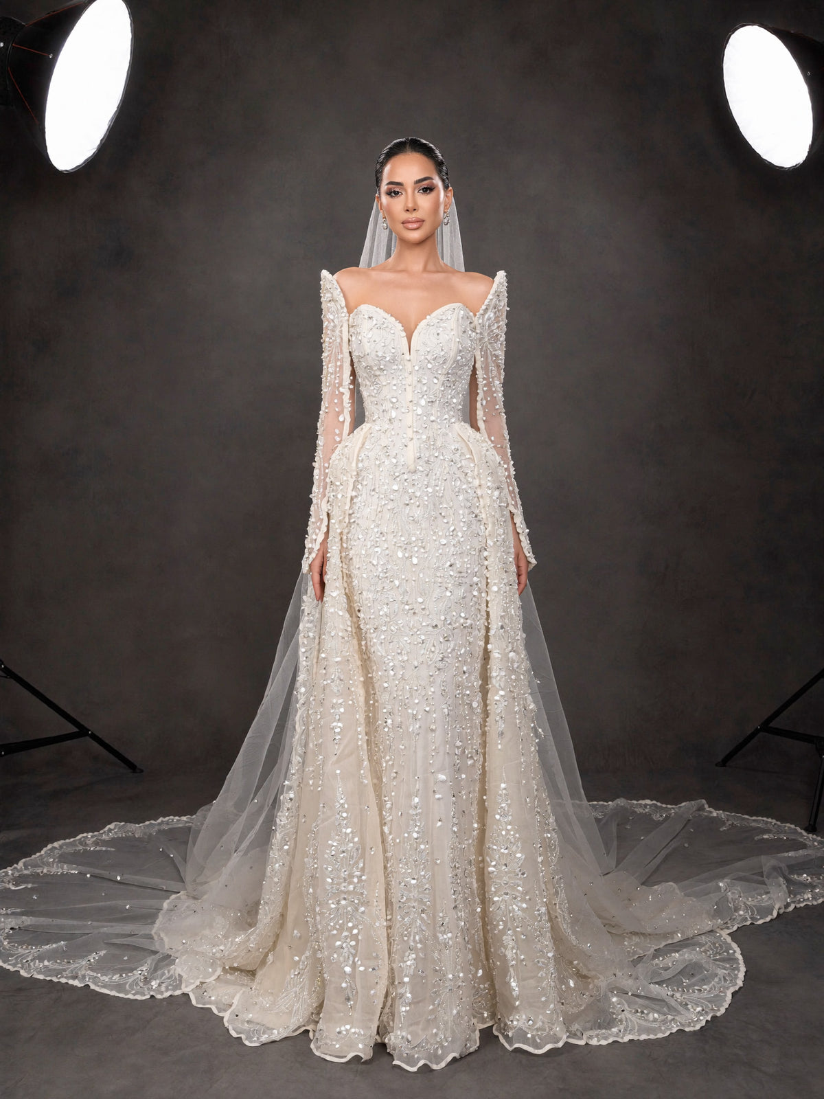 Ivory Crystal Embellished Long Sleeve Wedding Gown – Sweetheart Corset Bridal Dress with Cathedral Veil & Train