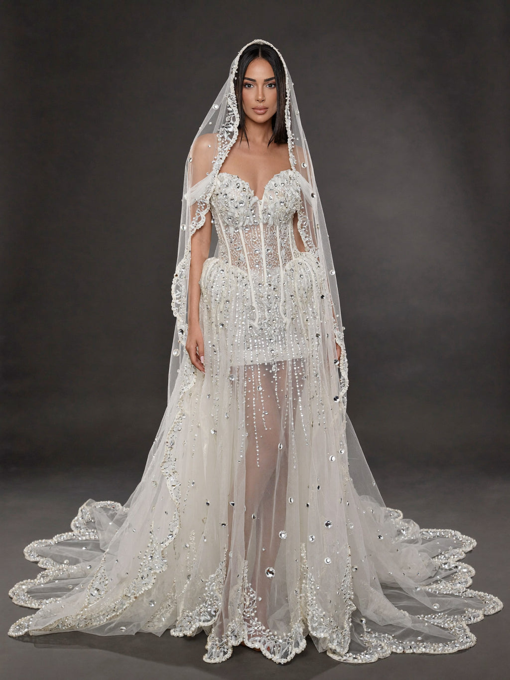 Ivory Crystal & Pearl Sheer Corset Wedding Dress & Cathedral Veil – Detachable Tulle Overskirt Bridal Gown with Cathedral Veil