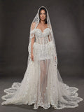Ivory Crystal & Pearl Sheer Corset Wedding Dress & Cathedral Veil – Detachable Tulle Overskirt Bridal Gown with Cathedral Veil