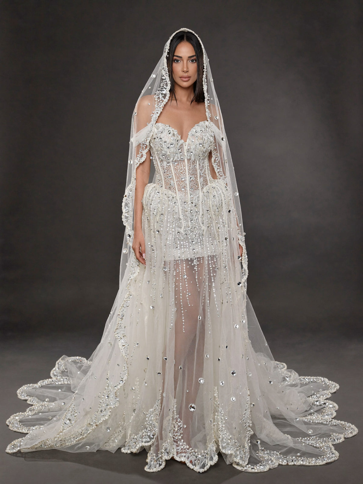Ivory Crystal & Pearl Sheer Corset Wedding Dress & Cathedral Veil – Detachable Tulle Overskirt Bridal Gown with Cathedral Veil