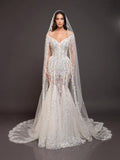 Ivory Crystal Embellished Mermaid Wedding Gown & Cathedral Veil – Off-Shoulder Corset Bridal Dress with Long Sleeves & Cathedral Veil