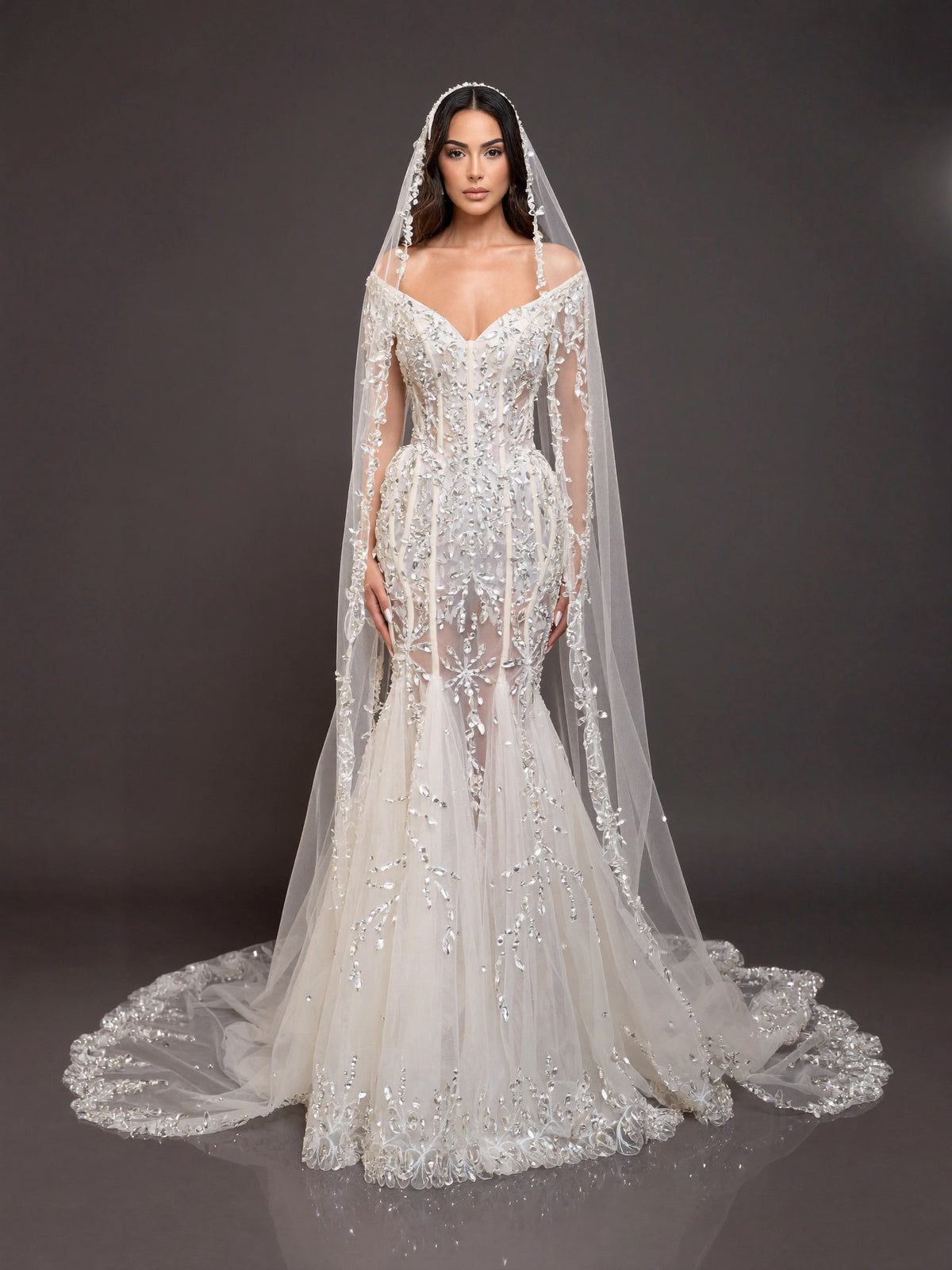 Ivory Crystal Embellished Mermaid Wedding Gown & Cathedral Veil – Off-Shoulder Corset Bridal Dress with Long Sleeves & Cathedral Veil
