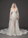 Ivory Lace & Crystal Mermaid Wedding Gown & Cathedral Veil – Plunging Corset Bridal Dress with Illusion Sleeves & Cathedral Veil