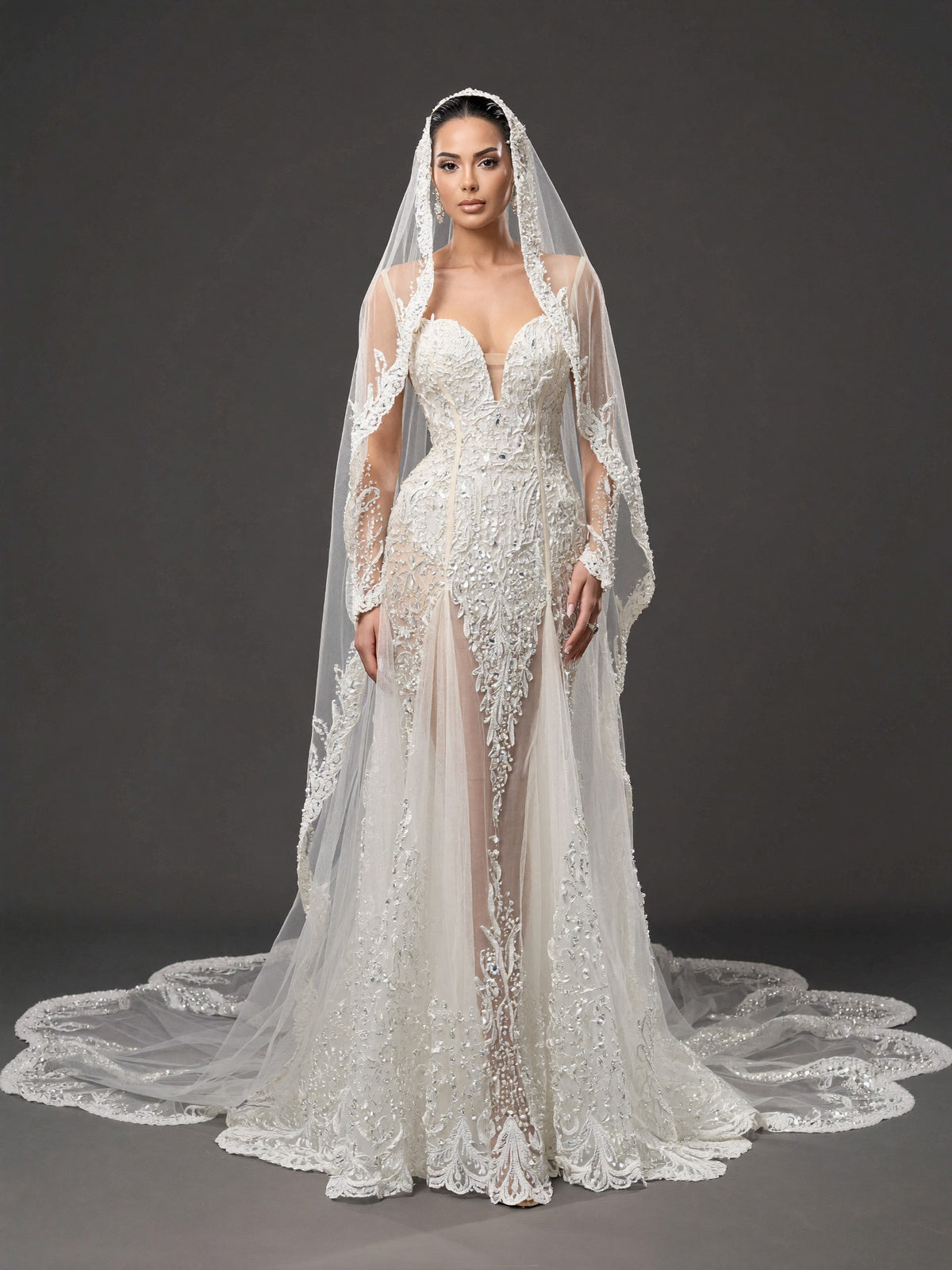 Ivory Lace & Crystal Mermaid Wedding Gown & Cathedral Veil – Plunging Corset Bridal Dress with Illusion Sleeves & Cathedral Veil