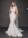 Ivory Draped Crystal Mermaid Wedding Gown & Veil – Sweetheart Corset Bridal Dress with Beaded Straps & Veil