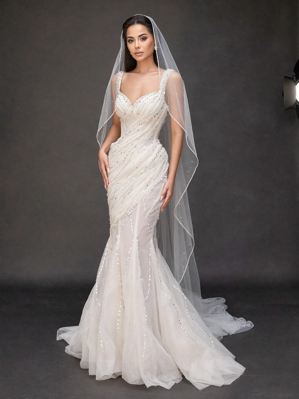 Ivory Draped Crystal Mermaid Wedding Gown & Veil – Sweetheart Corset Bridal Dress with Beaded Straps & Veil