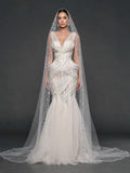 Ivory Draped Tulle Mermaid Wedding Gown & Cathedral Veil – Crystal Corset Bridal Dress with Deep V-Neckline & Cathedral Veil
