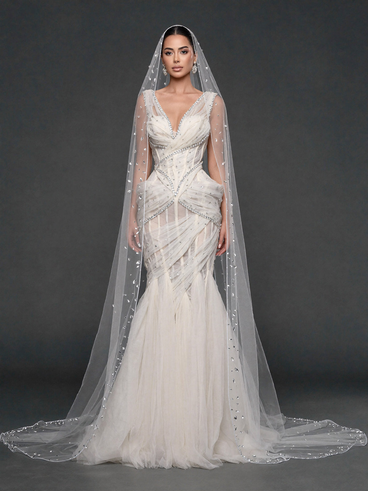Ivory Draped Tulle Mermaid Wedding Gown & Cathedral Veil – Crystal Corset Bridal Dress with Deep V-Neckline & Cathedral Veil