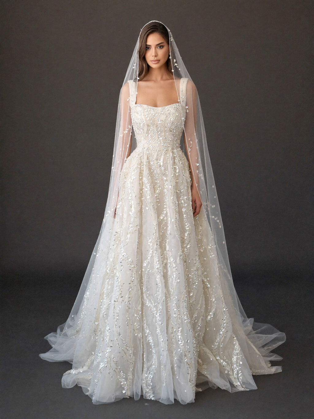 Ivory Crystal Embellished A-Line Wedding Gown with Beaded Cathedral Veil – Square Neck Corset Bridal Dress with Beaded Cathedral Veil