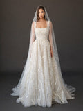 Ivory Crystal Embellished A-Line Wedding Gown with Beaded Cathedral Veil – Square Neck Corset Bridal Dress with Beaded Cathedral Veil