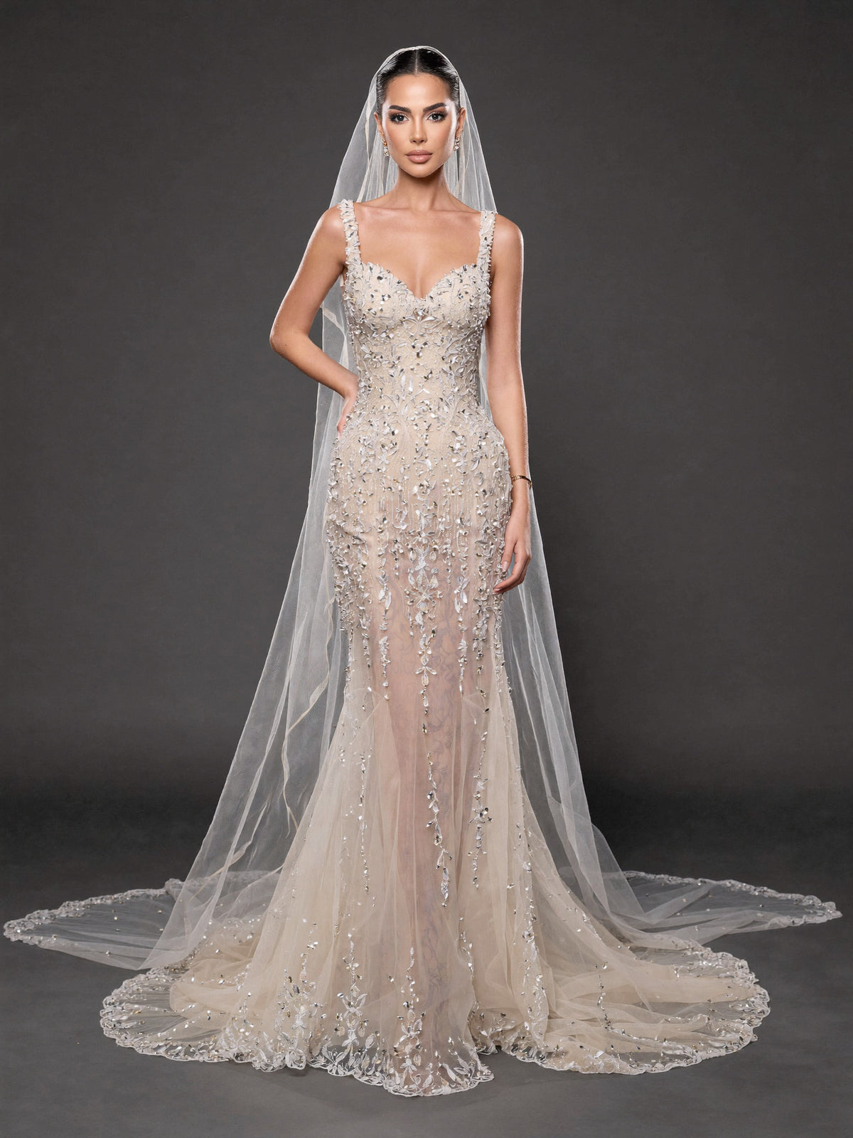 Champagne Nude Crystal Embellished Mermaid Wedding Gown with Cathedral Veil – Sweetheart Corset Bridal Dress with Cathedral Veil