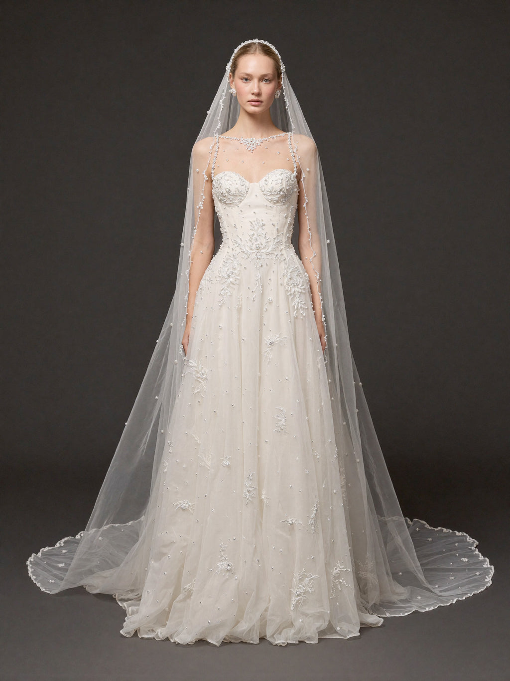 Ivory Pearl & Crystal Embellished A-Line Wedding Gown – Corset Bridal Dress with Beaded Straps & Cathedral Veil