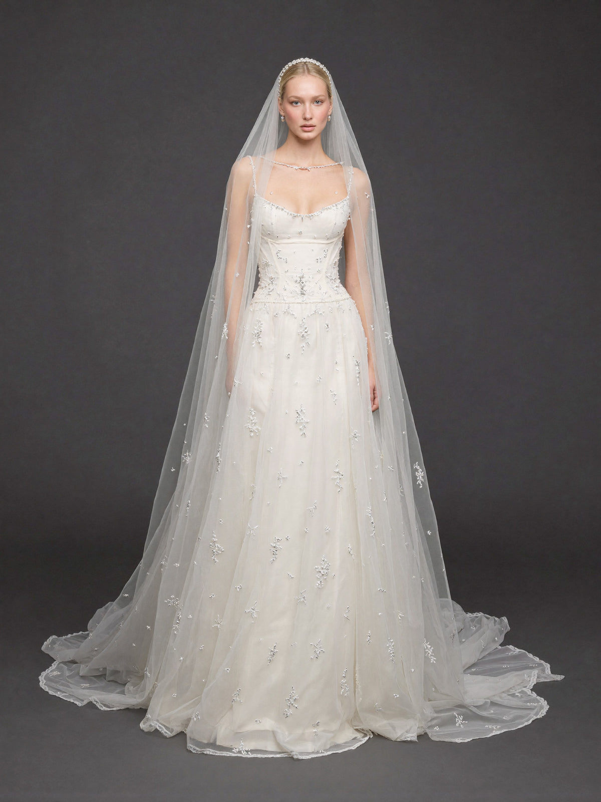 Corset Bridal Dress with Beaded Straps & Cathedral Veil – Ivory Crystal Embellished A-Line Wedding Gown