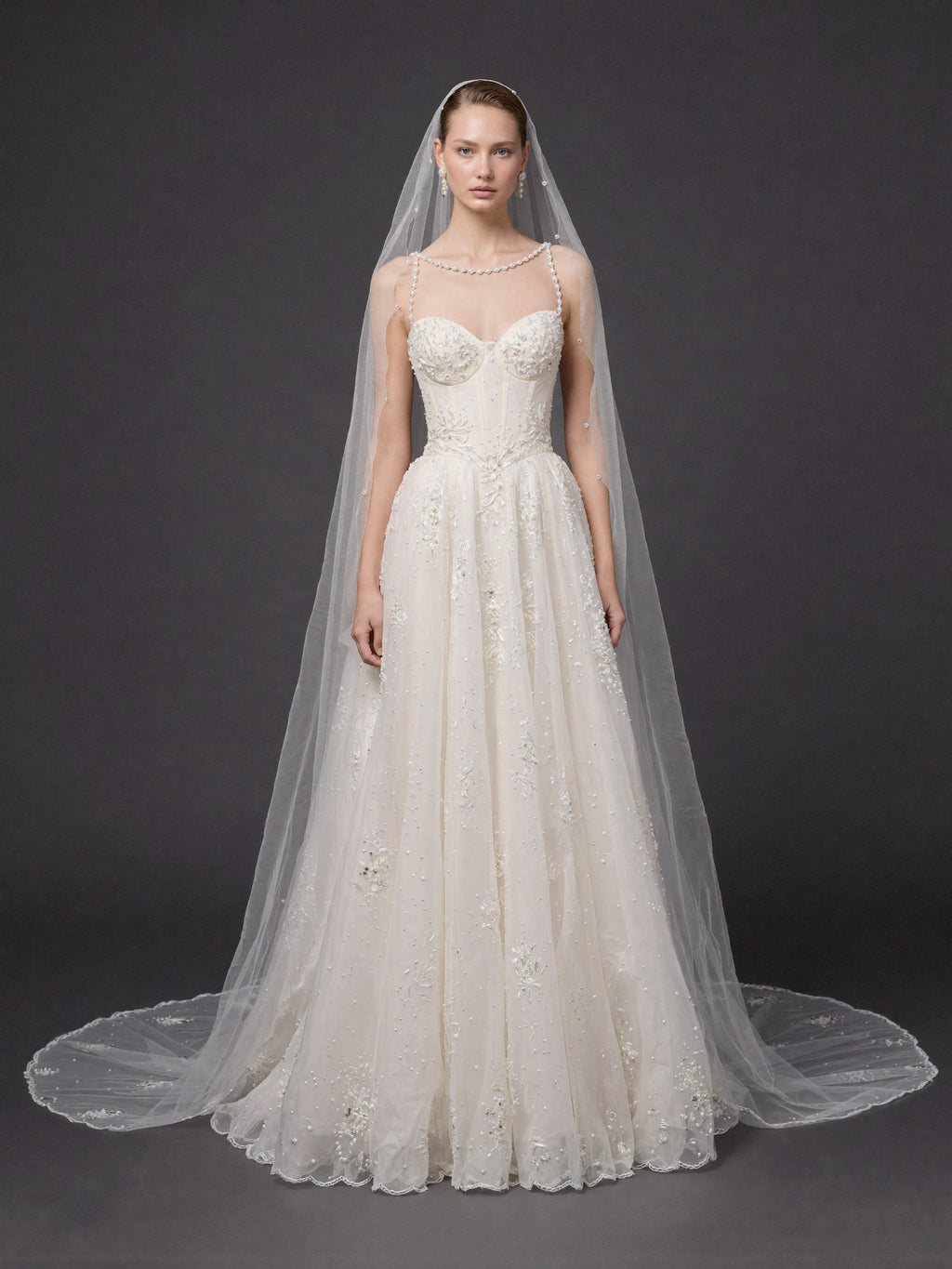 Corset Bridal Dress with Pearl Straps & Cathedral Veil – Ivory Pearl Embellished A-Line Wedding Gown & Cathedral Veil