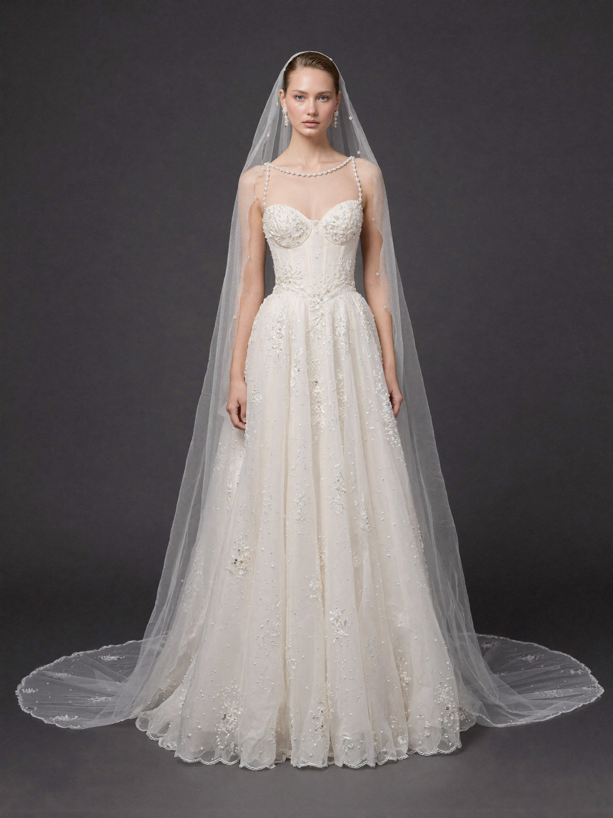 Corset Bridal Dress with Pearl Straps & Cathedral Veil – Ivory Pearl Embellished A-Line Wedding Gown & Cathedral Veil