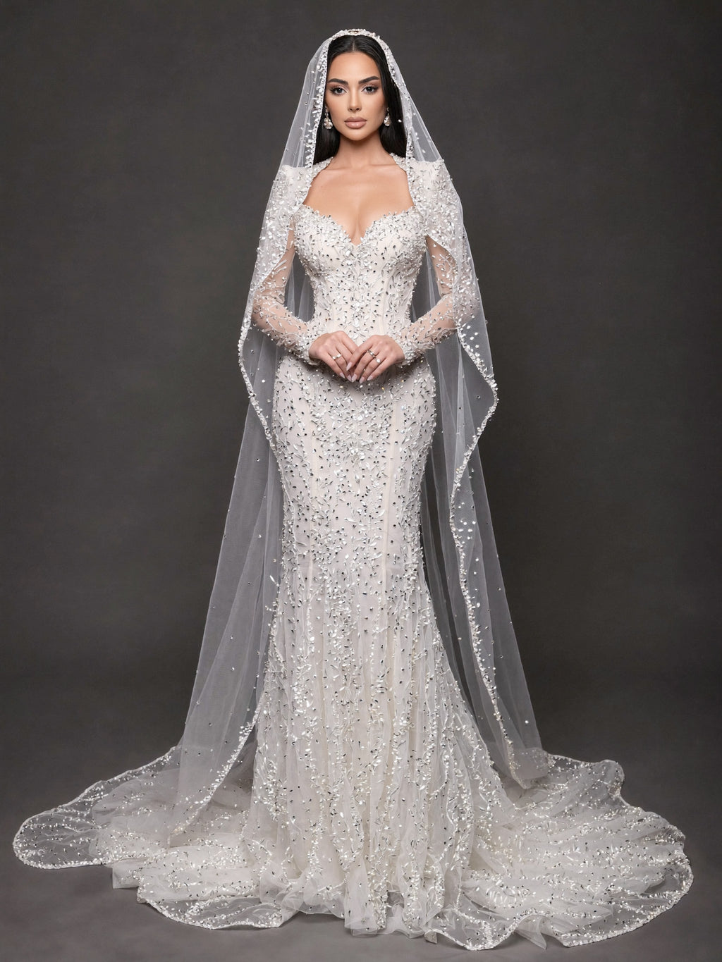Sweetheart Corset Bridal Dress with Cathedral Veil – Ivory Crystal Embellished Long Sleeve Mermaid Wedding Gown