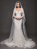 Sweetheart Corset Bridal Dress with Cathedral Veil – Ivory Crystal Embellished Long Sleeve Mermaid Wedding Gown