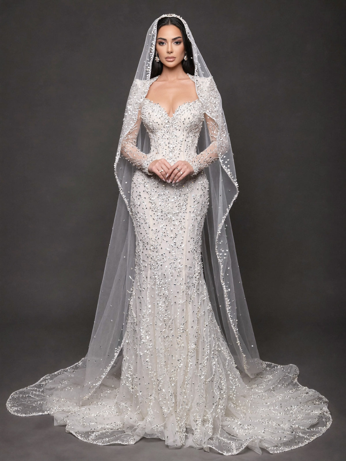 Sweetheart Corset Bridal Dress with Cathedral Veil – Ivory Crystal Embellished Long Sleeve Mermaid Wedding Gown