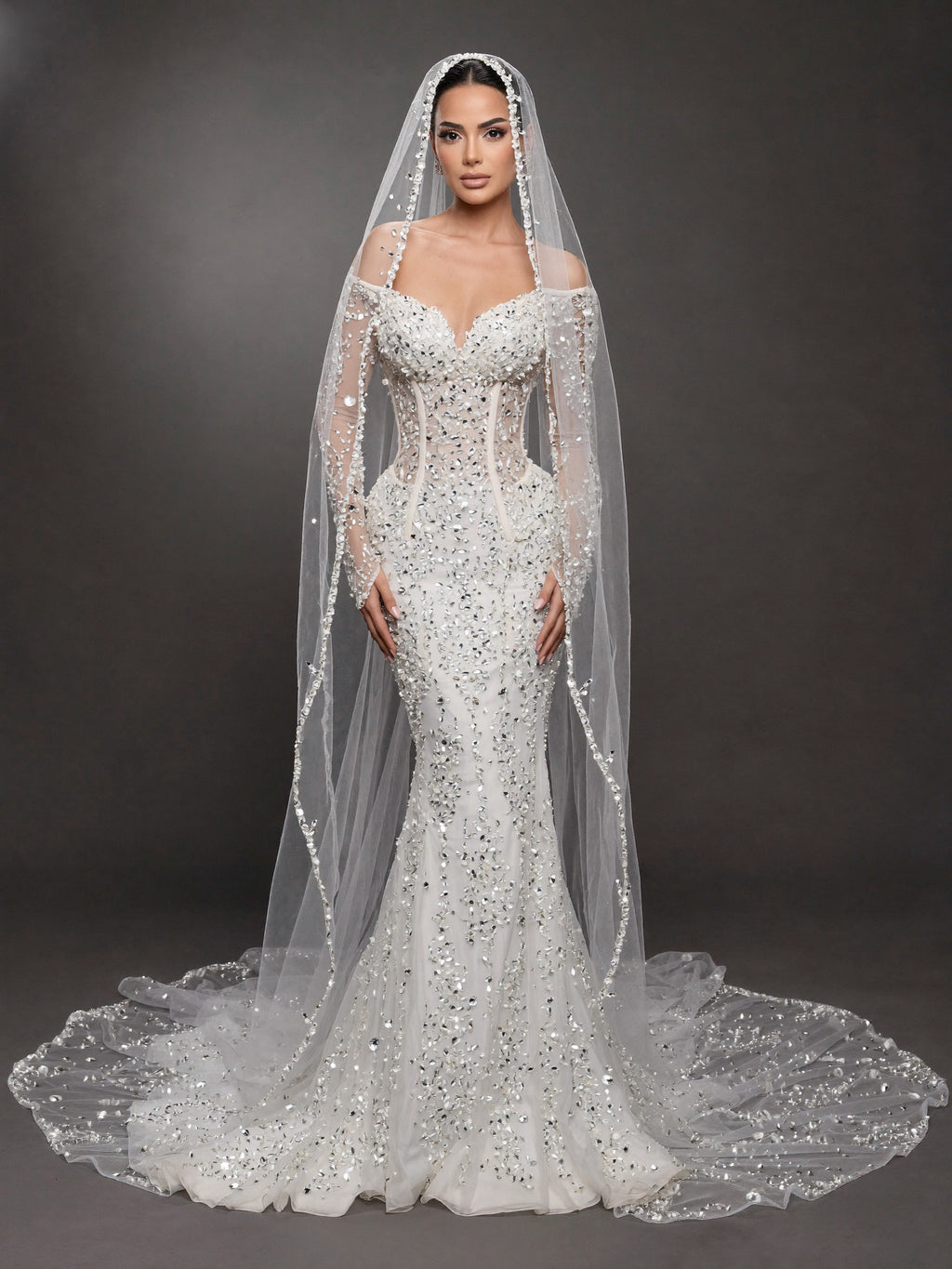 Sheer Corset Bridal Dress with Long Sleeves & Cathedral Veil – Ivory Crystal Embellished Off-Shoulder Mermaid Wedding Gown