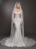 Sheer Corset Bridal Dress with Long Sleeves & Cathedral Veil – Ivory Crystal Embellished Off-Shoulder Mermaid Wedding Gown