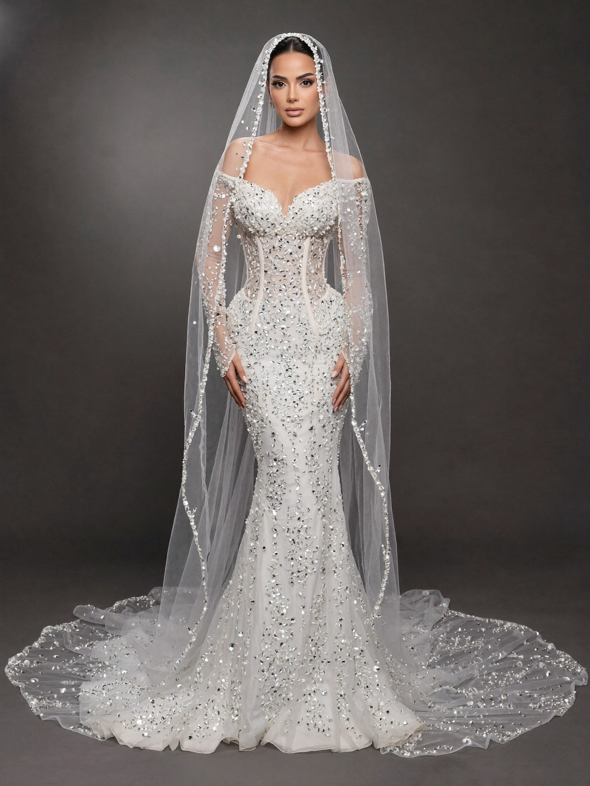 Sheer Corset Bridal Dress with Long Sleeves & Cathedral Veil – Ivory Crystal Embellished Off-Shoulder Mermaid Wedding Gown