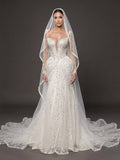 Deep V Bridal Dress with Draped Tulle & Cathedral Veil – Ivory Crystal Embellished Corset Wedding Gown