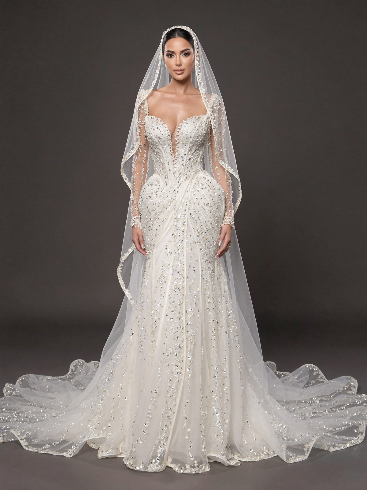 Deep V Bridal Dress with Draped Tulle & Cathedral Veil – Ivory Crystal Embellished Corset Wedding Gown