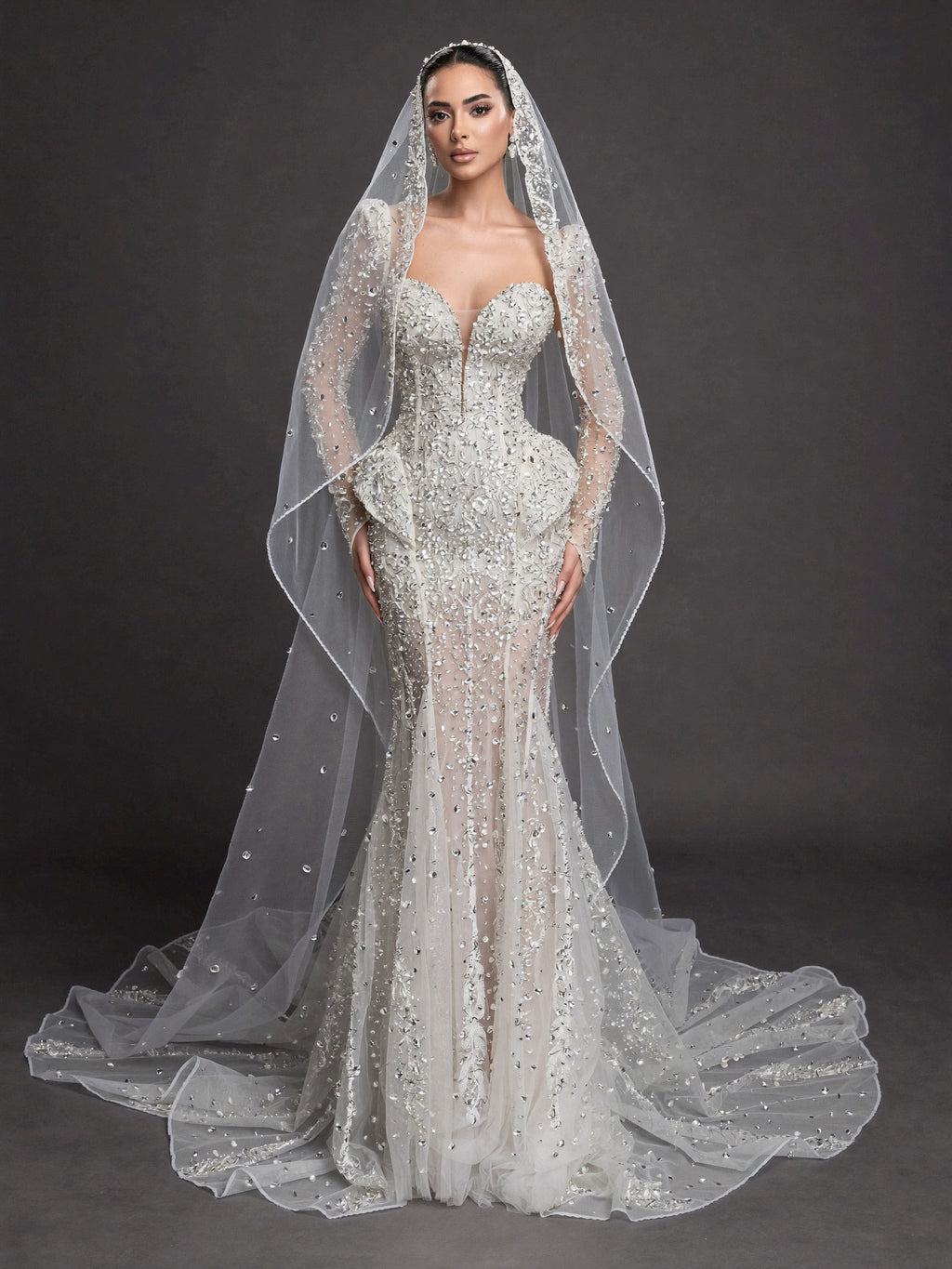 Long Sleeve Corset Bridal Dress with Sculpted Hips & Cathedral Veil – Ivory Crystal Embellished Mermaid Wedding Gown