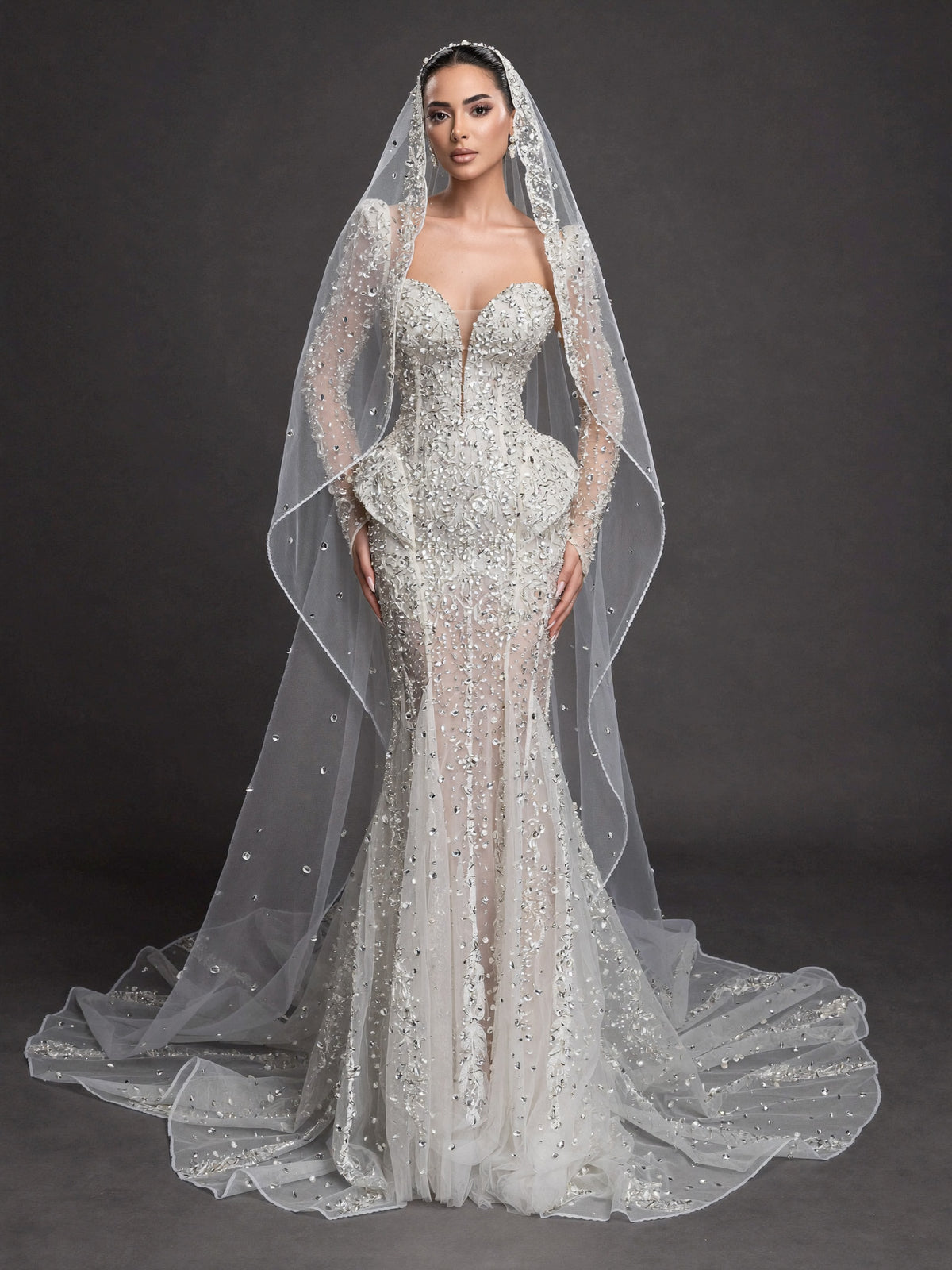 Long Sleeve Corset Bridal Dress with Sculpted Hips & Cathedral Veil – Ivory Crystal Embellished Mermaid Wedding Gown