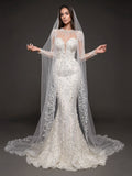 Illusion Long Sleeve Bridal Dress with Sweetheart Corset & Cathedral Veil – Ivory Crystal Embellished Mermaid Wedding Gown