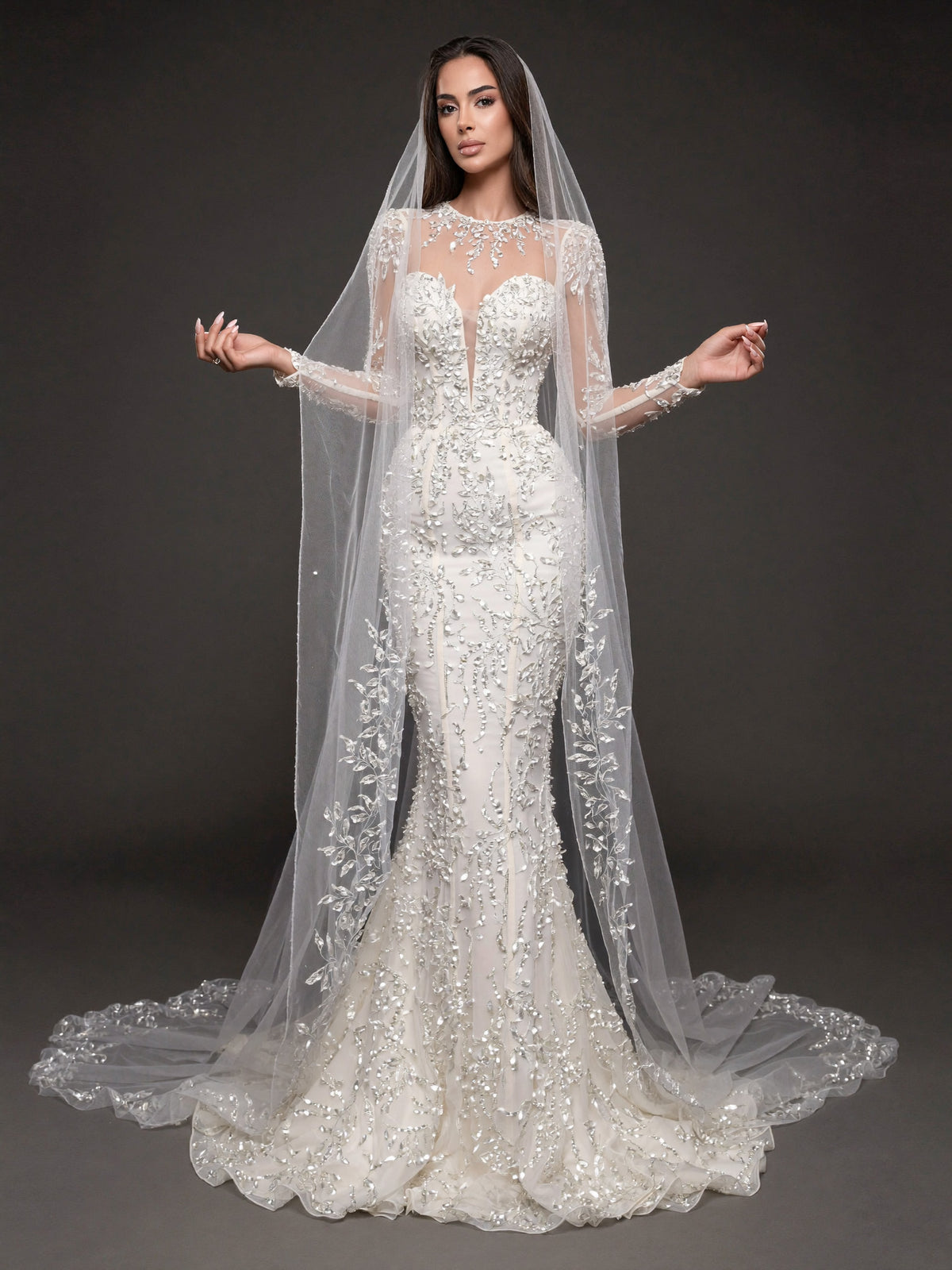 Illusion Long Sleeve Bridal Dress with Sweetheart Corset & Cathedral Veil – Ivory Crystal Embellished Mermaid Wedding Gown