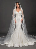 Sweetheart Corset Bridal Dress with Lace Sleeves & Floor-Length Veil – Ivory Crystal Embellished Mermaid Wedding Gown