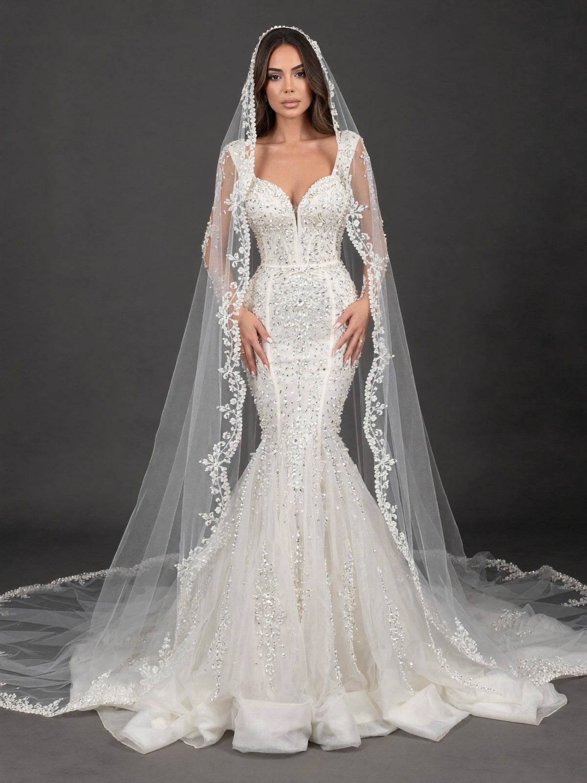 Sweetheart Corset Bridal Dress with Lace Sleeves & Floor-Length Veil – Ivory Crystal Embellished Mermaid Wedding Gown