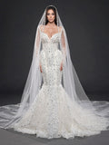 Sweetheart Corset Bridal Dress with Illusion Sleeves & Long Veil – Ivory Crystal & Pearl Embellished Mermaid Wedding Gown
